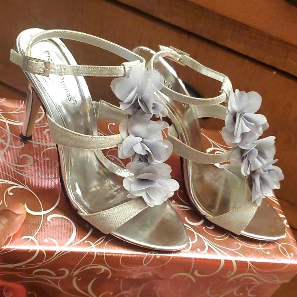 Glittery ankle strap silver heels